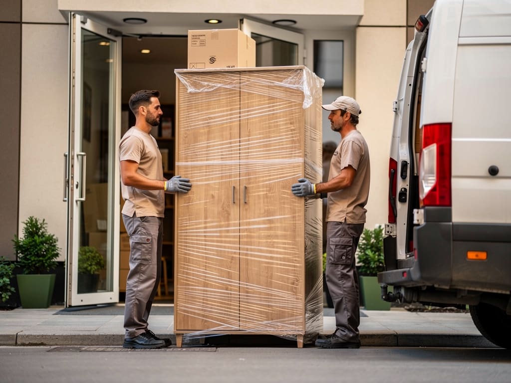 Squadra di trasloco trasporta mobili imballati fuori da un edificio residenziale